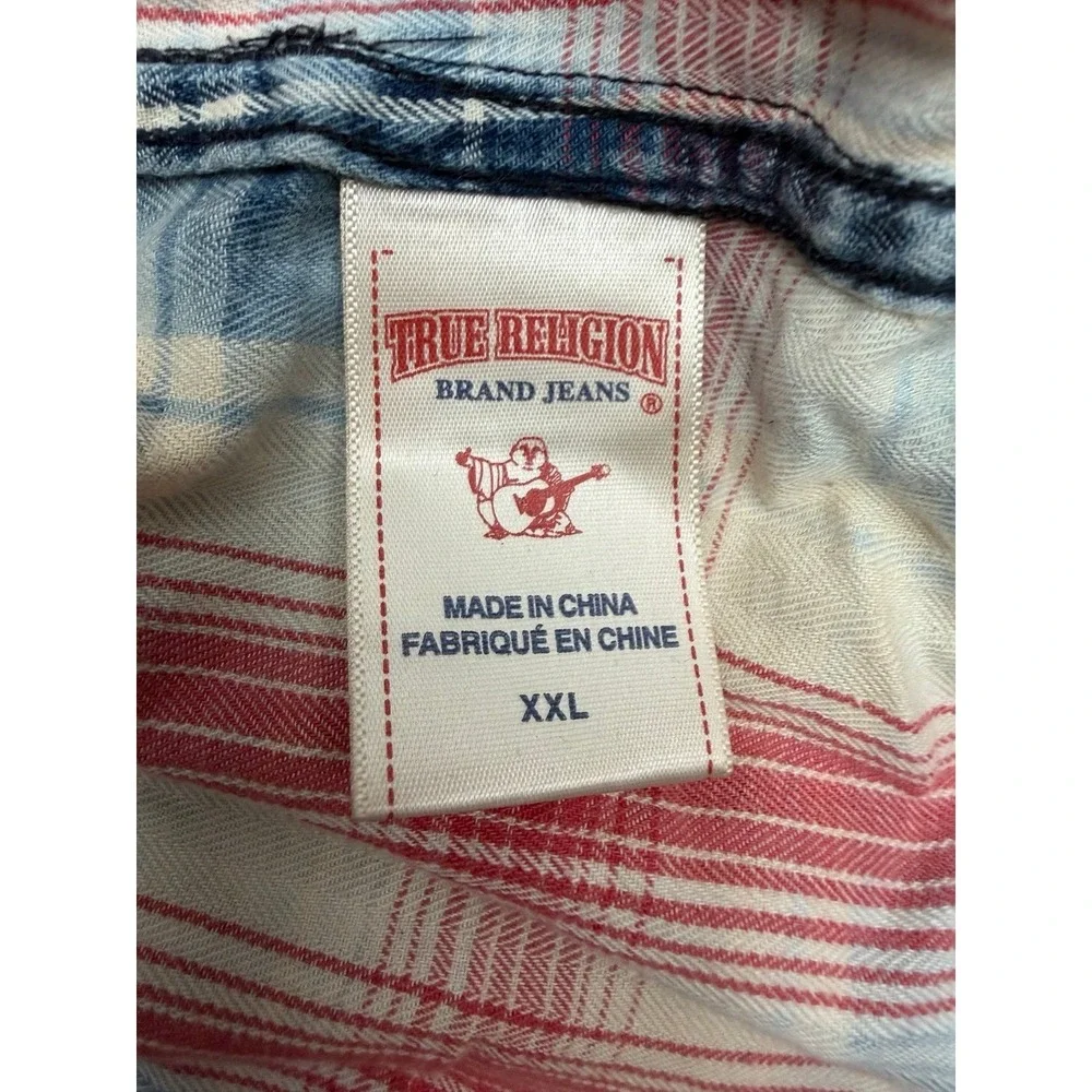 True Religion Mens XXL Plaid Western Shirt Red Blue Pearl Snap 100% Cotton